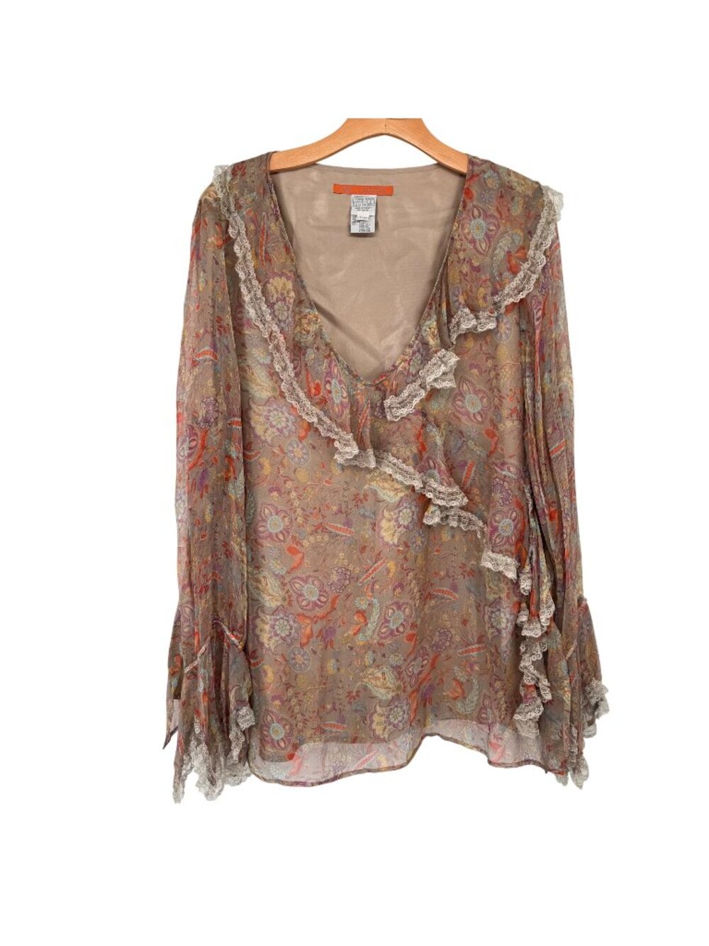Alain Weiz Womens Floral Silk Blouse lined Lace Trim Ruffle size 20w beige
